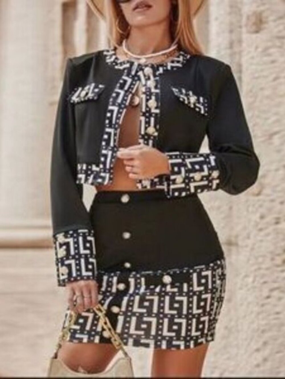 Elegant Black and White Patterned Skirt Suit
